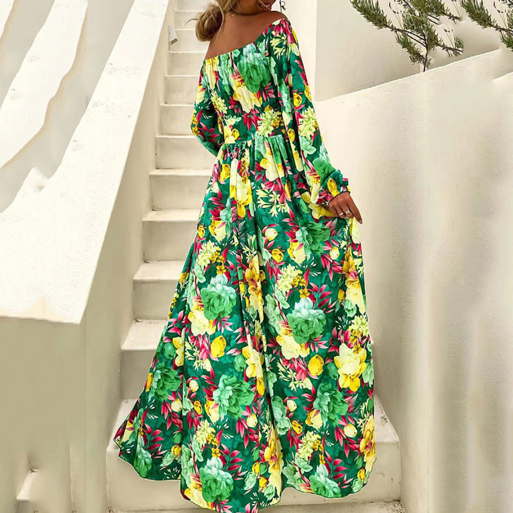 Boho Floral Maxi Dress for Women – Tiered Earth-Tone Print 2025